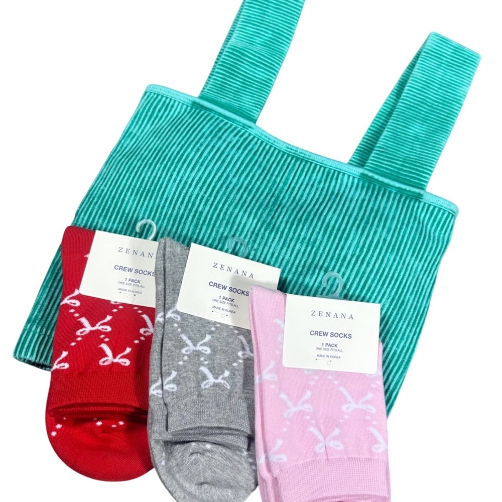 Zenana Crop Top Socks Bundle Womens S/M Teal & 3 Bow Ribbed Knit Socks Set